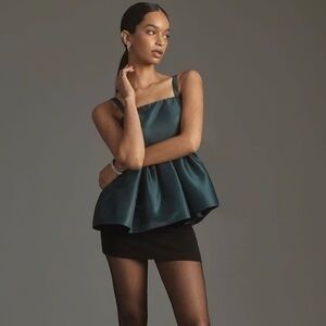 Anthropologie Mare Mare Square-neck Babydoll Top in Dark Green Tafetta‎ NWT